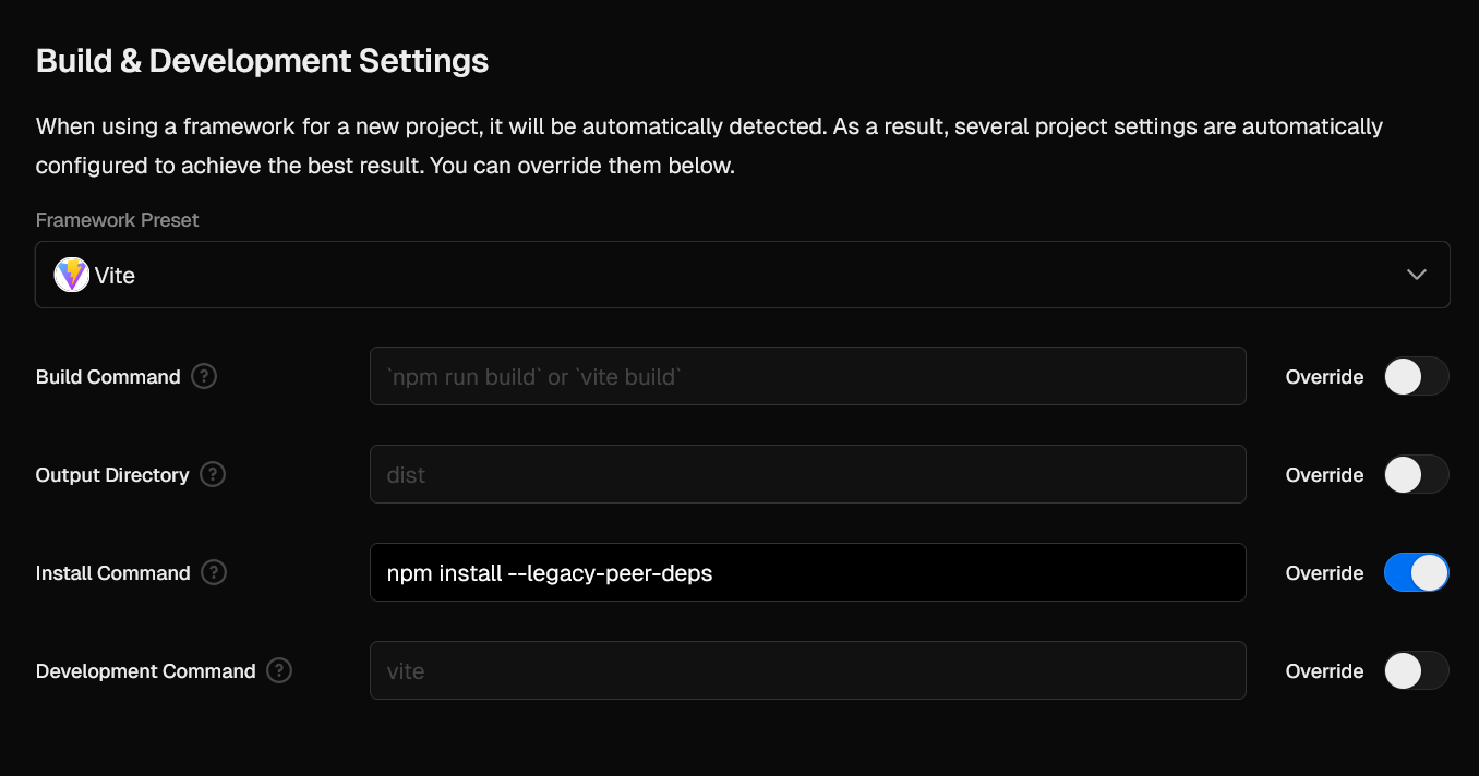 Vercel build settings